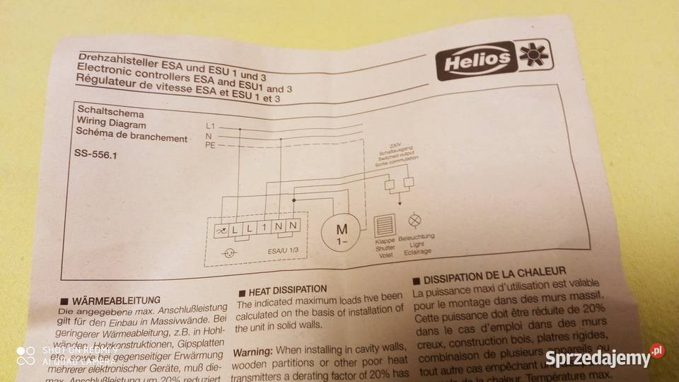 HELIOS ESA 3 Bezstopniowy Regulator Obrotow Wentylatora Mosina