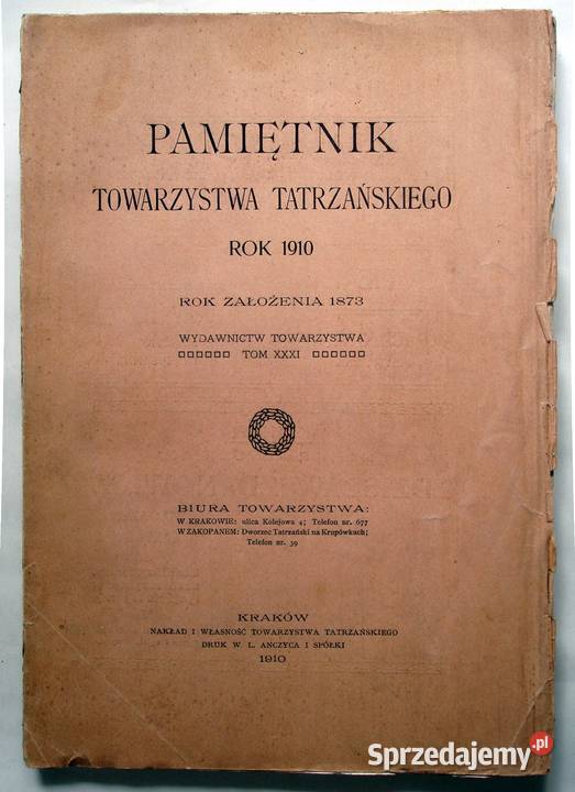 Pamiętnik Towarzystwa Tatrzańskiego Tom XXXI Rok 1910 Limanowa