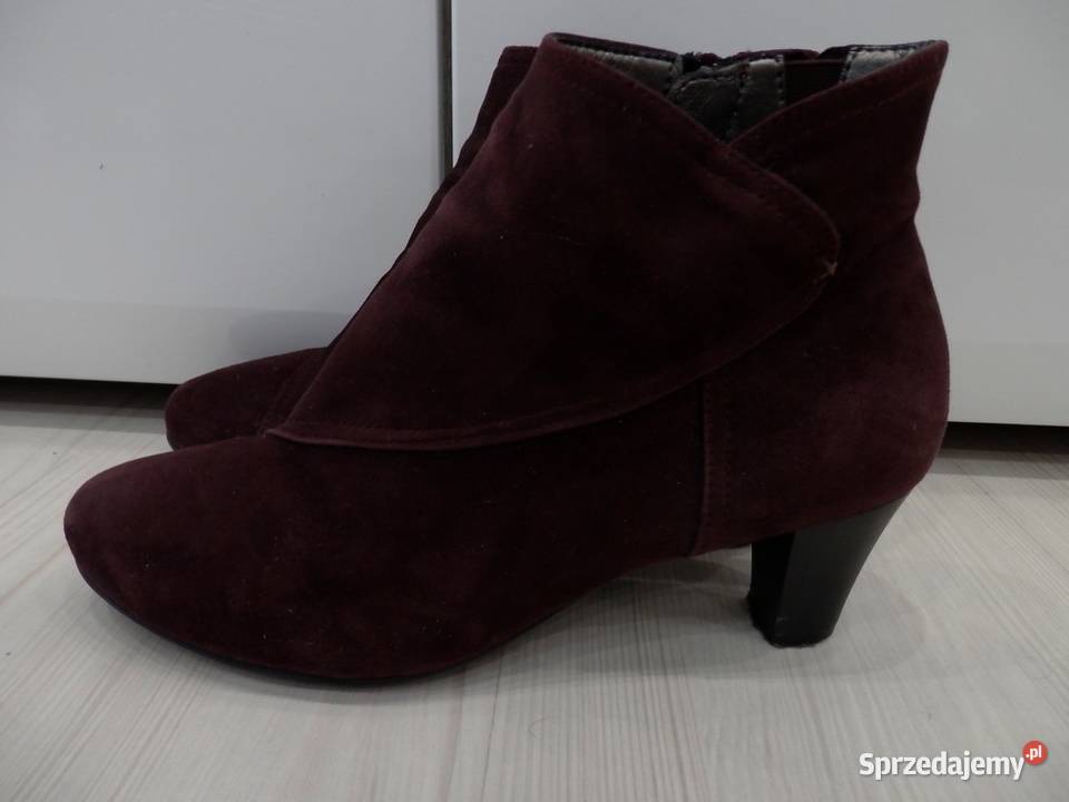 Buty Botki Skórzane Burgundowe na Obcasie Łomża