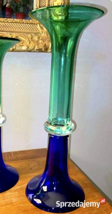Unikatowy Wazon Art Glass Double Trumpet Kobalt Pabianice