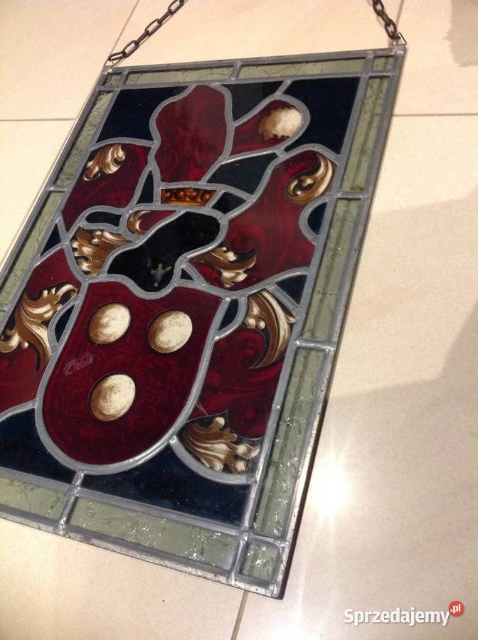 Duży Witraż Szklany STARY Sygnowany Szkło Cyna Rękodzieło Nowa Sól