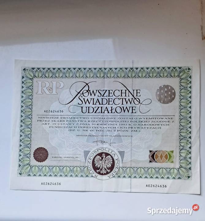 Powszechne Świadectwo Udziałowe 1995 Numizmatyka Poznań sprzedam