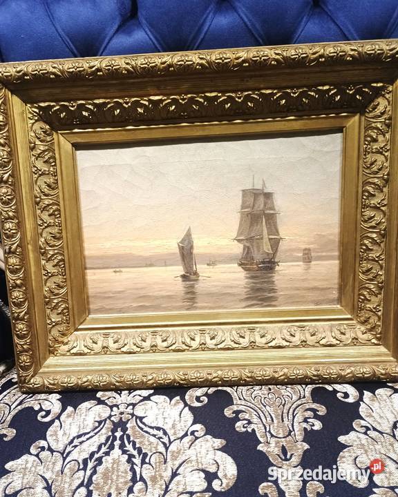 Olej na płótnie żaglowce podpisany XIXXX złota Bronisze