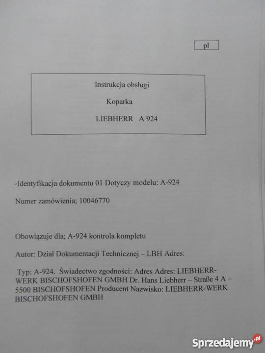 INSTRUKCJA OBSŁUGI DTR LIEBHERR A924 i iNNE Szczecin