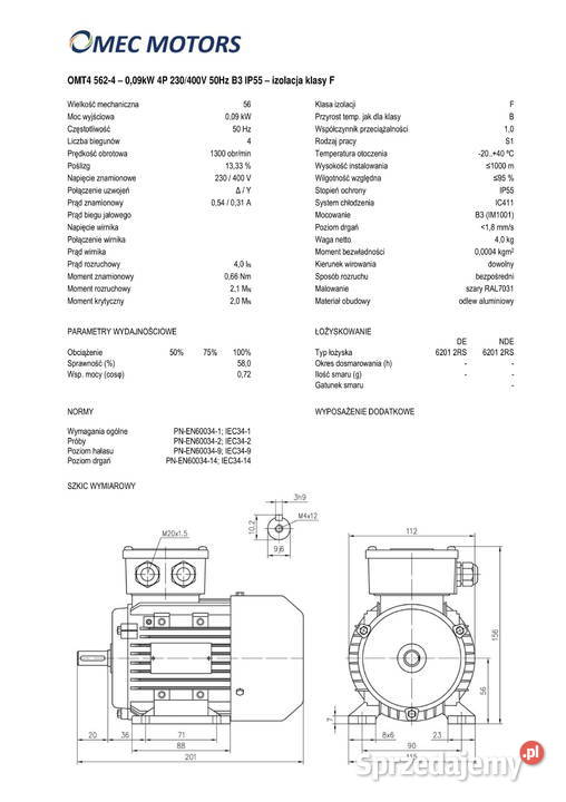 silnik elektryczny 009kW 1400obr 3fazowy 56B3 Pigża
