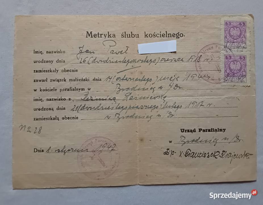 Metryka ślubu kościelnego Katolicki Urząd Antyki, Sztuka, Kolekcje Koźminek