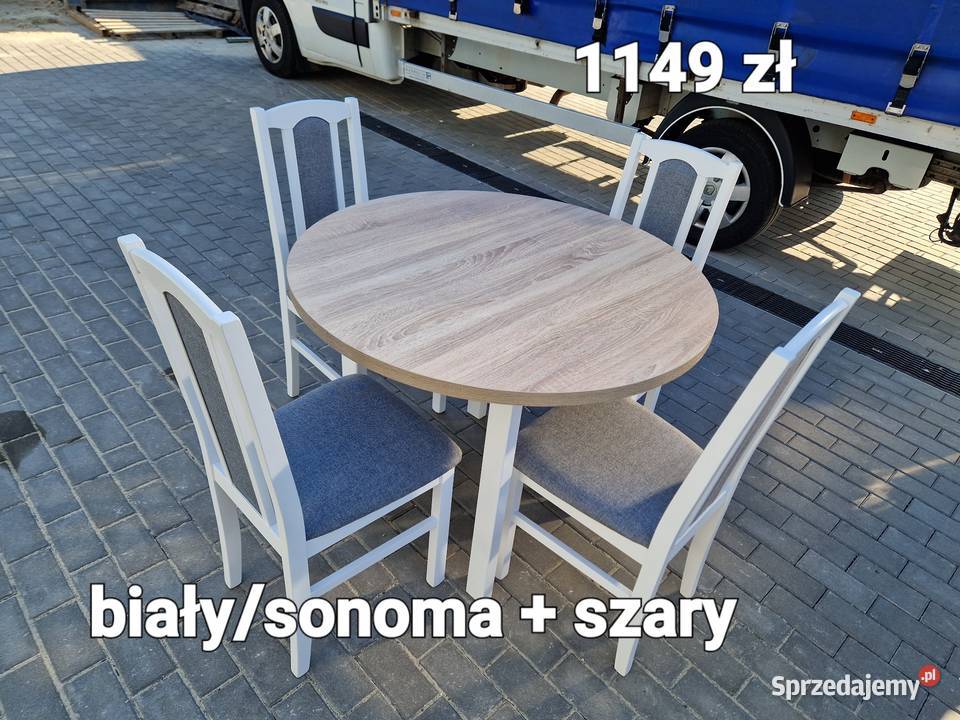 Nowe: Stół okrągły + 4 krzesła, biały/blat sonoma + szary