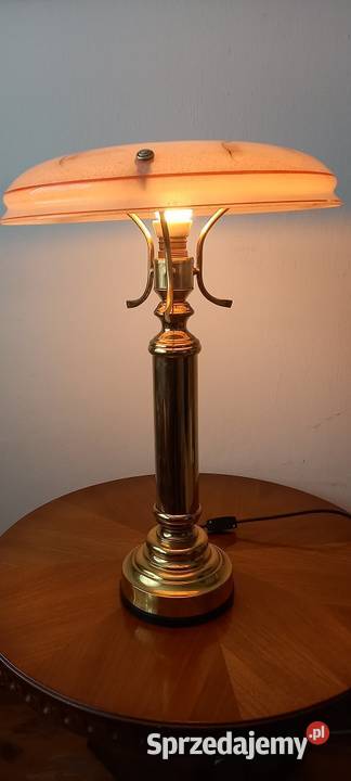 Duża mosiężna lampa z kloszem na stolik komodę Antyki, Sztuka, Kolekcje Skierniewice