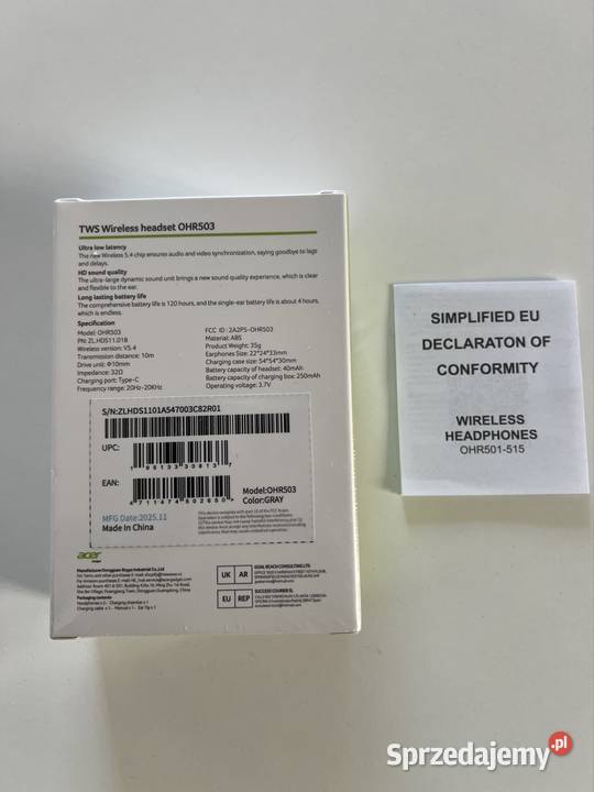 Nowy Bezprzewodowe Słuchawki ACER OHR503 Szary Warszawa sprzedam