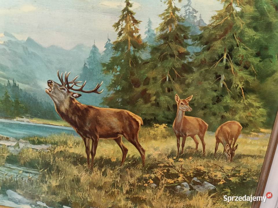 Oleodruk obrazu Ericha Dichtl Stado jeleni kujawsko-pomorskie Lipno