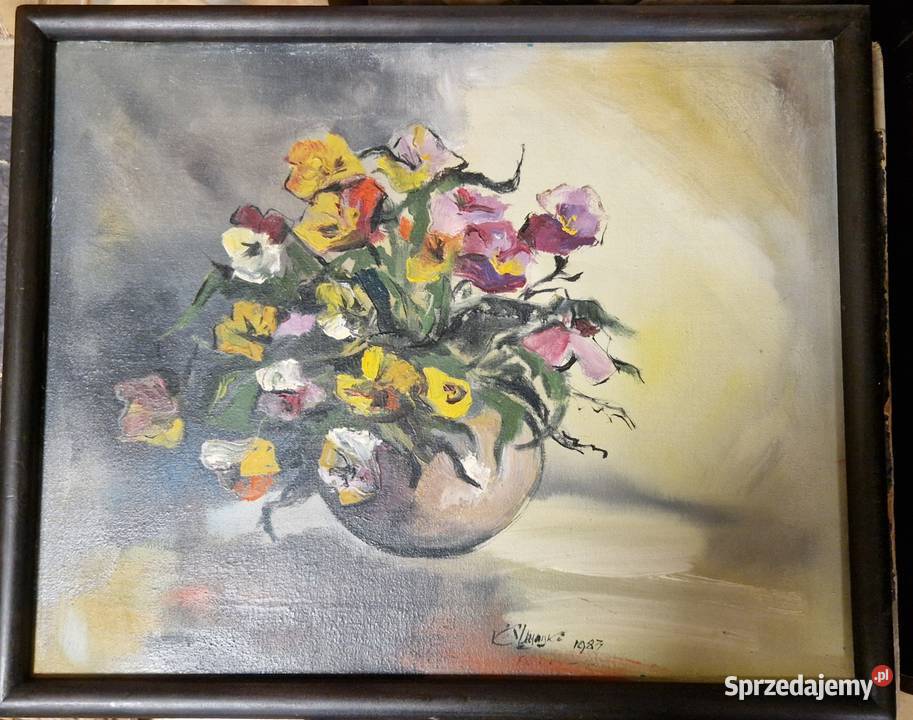OBRAZ z martwą naturą z kwiatami w wazonie