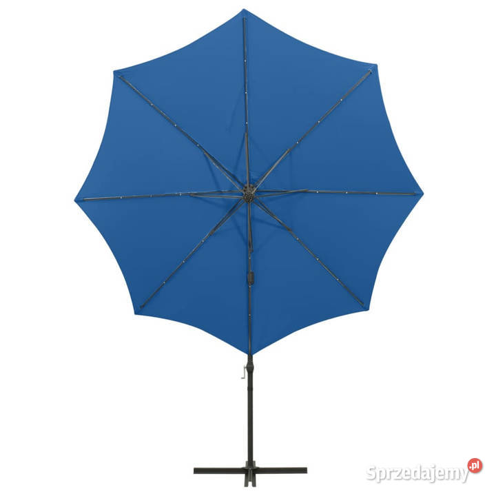 Parasol wiszący z LED i słupkiem niebieski 300