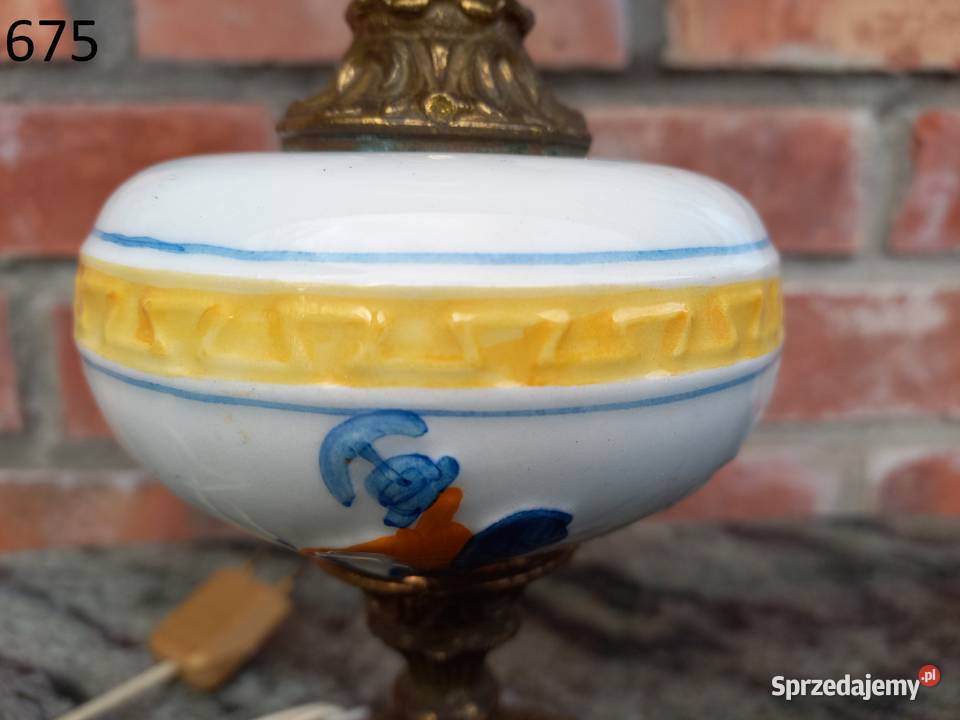 Lampka nocna stołowa mosiężna z ceramiką szklana Gawroniec