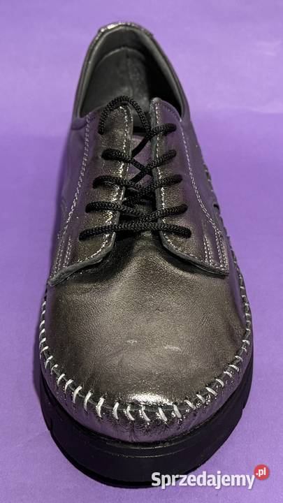 Skórzane damskie platynowe wiązane półbuty Żyrardów