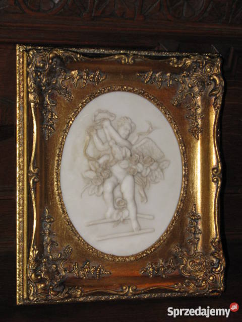CUDOWNY alabaster DUŻY OBRAZ anioly ZŁOTA RAMA Kraków