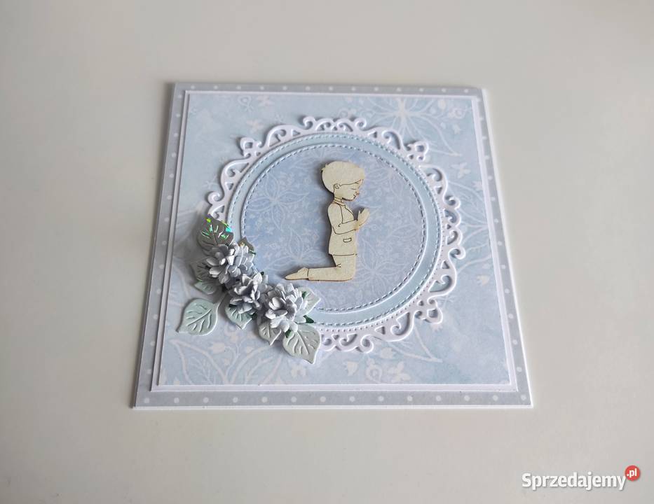 Kartka ręcznie robiona Komunia Święta niebieska Łódź