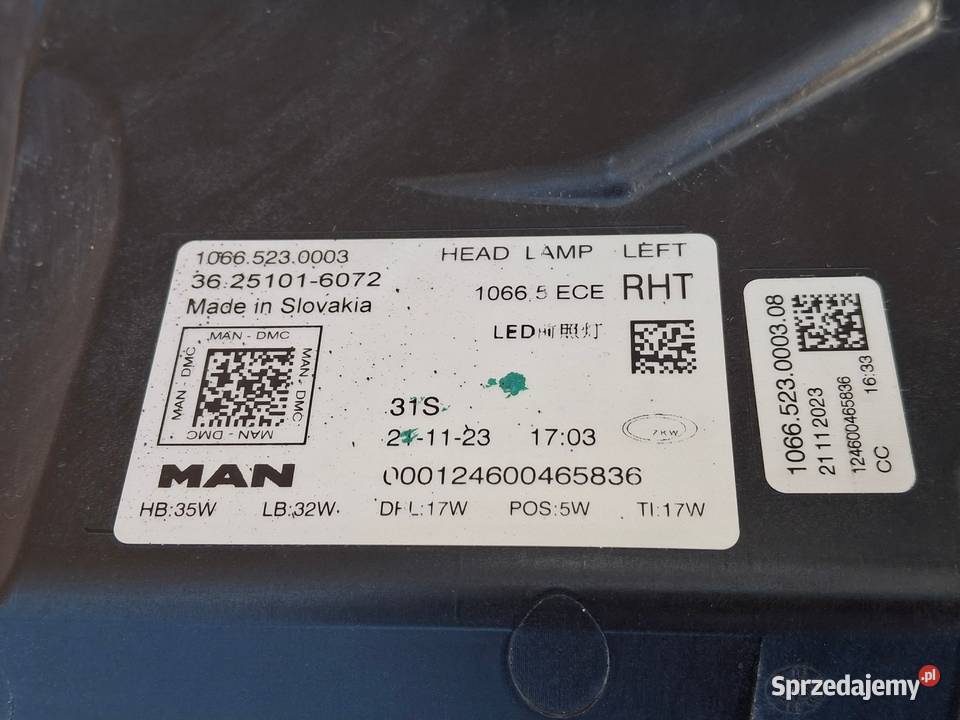 MAN TGX TGS TGL TGM TG3 REFLEKTOR LEWY FULL LED Bieleń