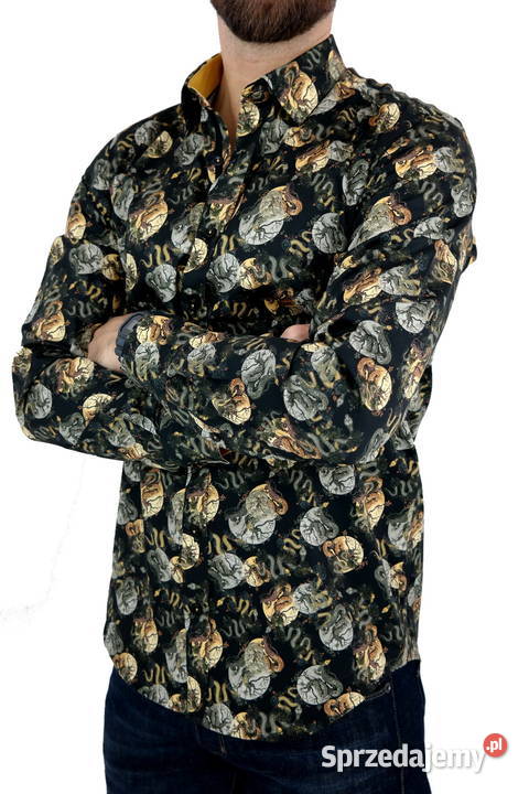 DANIEL BESSI Koszula Męska Fb068 Czarna Wąż Róże Ostrów Wielkopolski