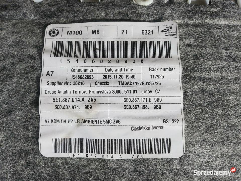 Skoda Octavia 3 III 2015 tapicerka drzwi 5E Dębno