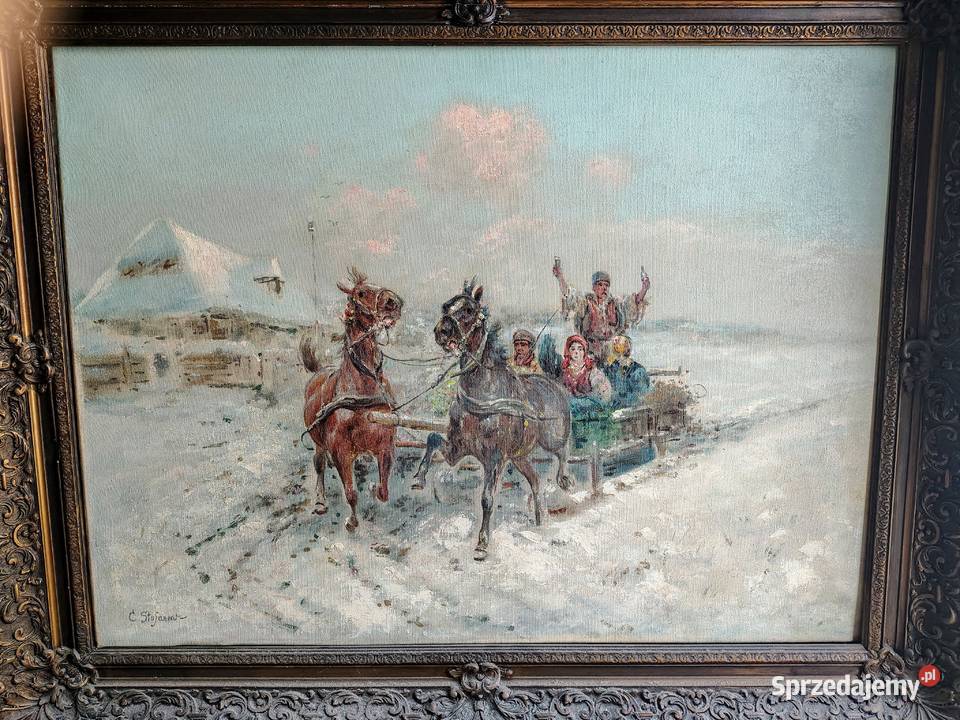 Stary obraz olejny Zimowa sanna Kartuzy