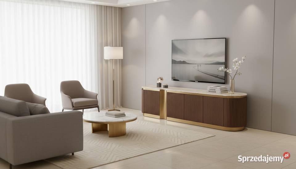 Ryflowana szafka RTV złota drewniana brązowa małopolskie Golkowice