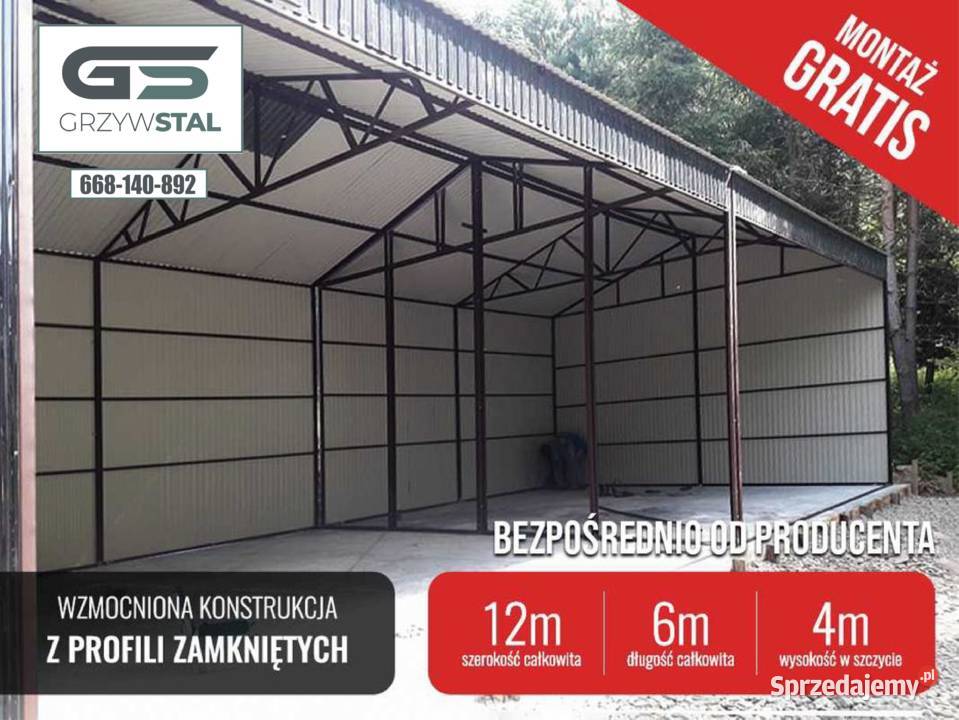 F3 Garaż Blaszany |Wiata o wymiarach 12x6m OTWARTA | HALA - GRZYWSTAL