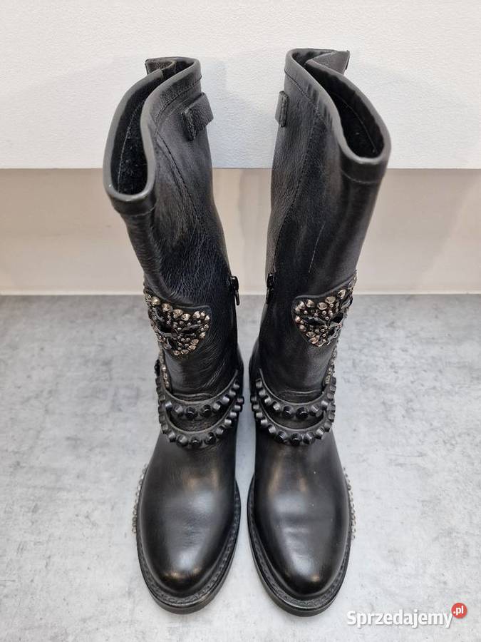 Botki Kozaki Skóra Czarne Kamienie Ćwieki 36 Żywiec