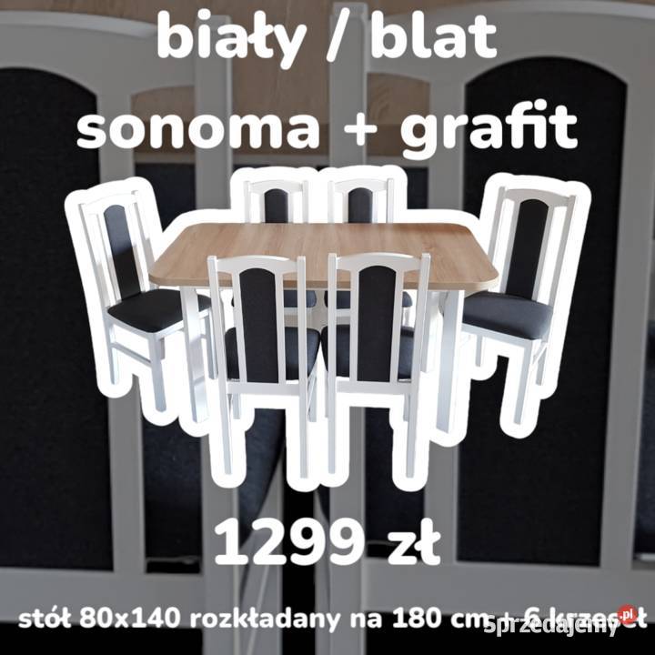 Nowe: Stół 80x140/180 + 6 krzeseł,biały/blat sonoma + grafit