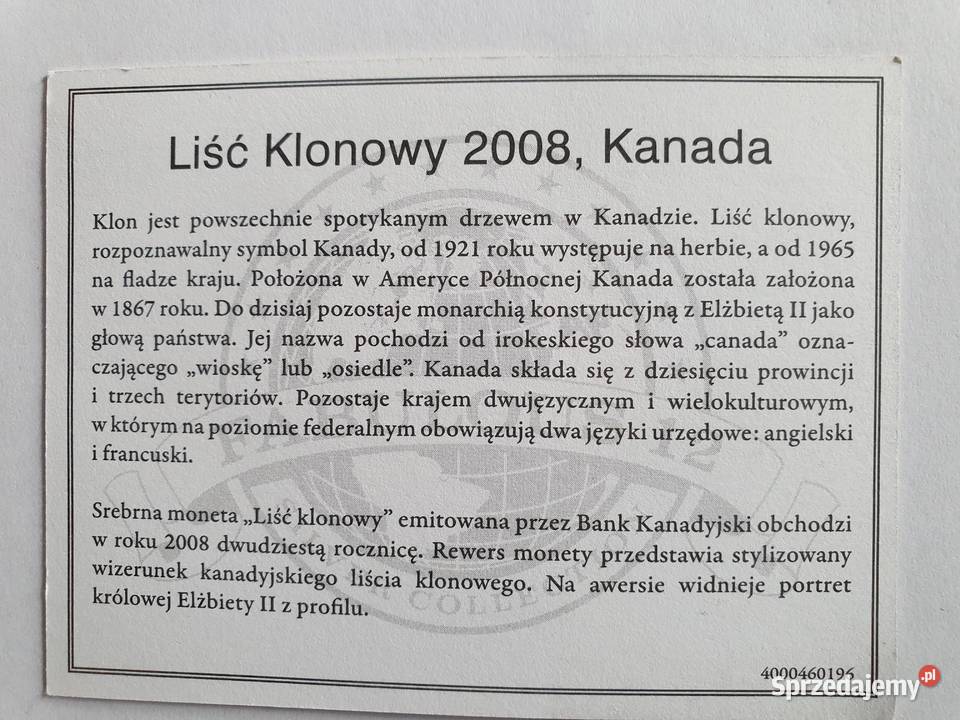 Kanadyjski Liść Klonowy 2008 r Certyfikat Org Andrychów