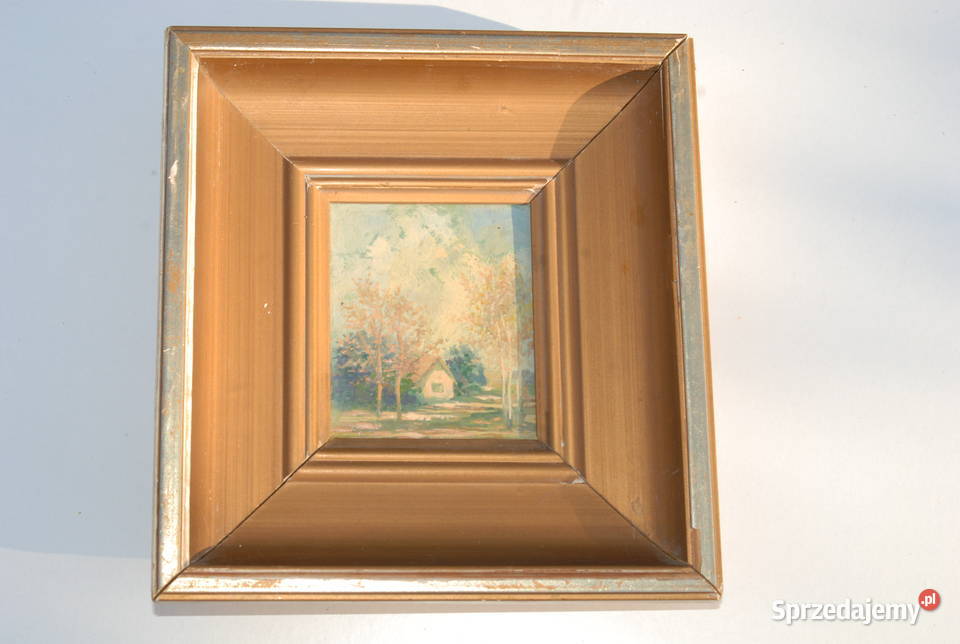 Stary mini obraz krajobraz z ramką drewnianą