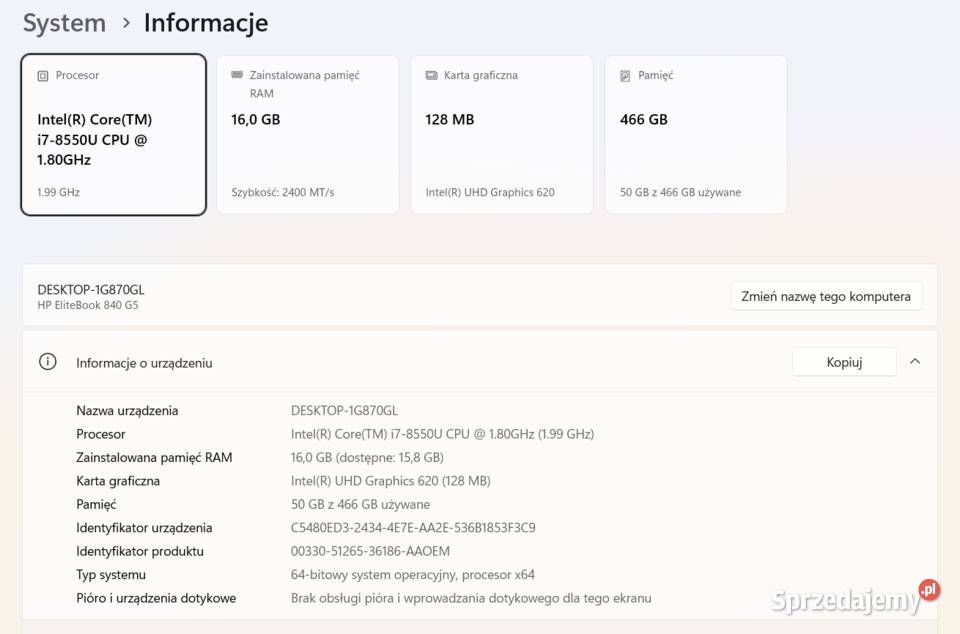 Laptop HP Elitebook 840 i716GB RAM512GB SSDWin11 Warszawa