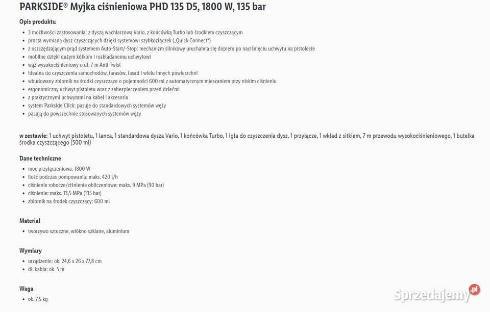 Myjka ciśnieniowa PARKSIDE 1800 W 135 bar nowy Dęblin sprzedam
