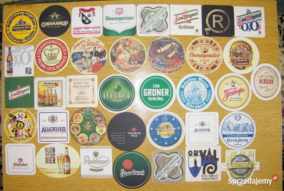 Etykiety piwne zagraniczne kapsle podstawki piny