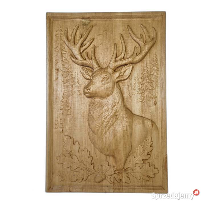 Drewniana płaskorzeźba Jeleń dekoracja ścienna z