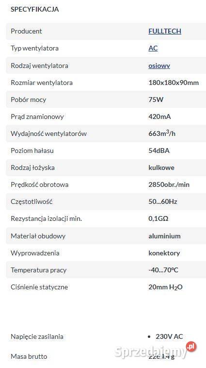 Wentylator Osiowy Fulltech UF18JC23 BTHD Łódź