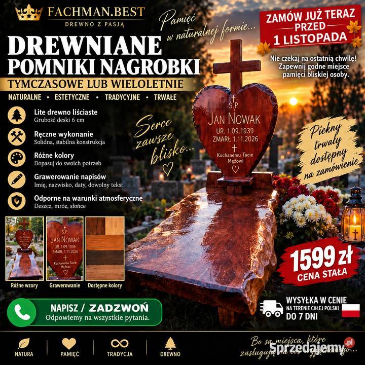 Nagrobek drewniany pomnik SERCE z krzyżem Szczecin sprzedam