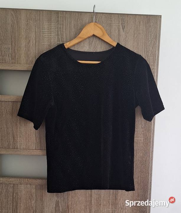 Czarna bluzka w błyszczące kropeczki 42 krótki Topy i koszulki sprzedam