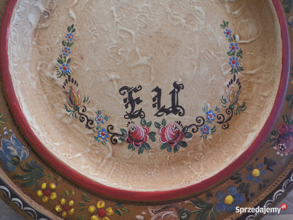 Drewniany stary talerz ręcznie malowany Raszków