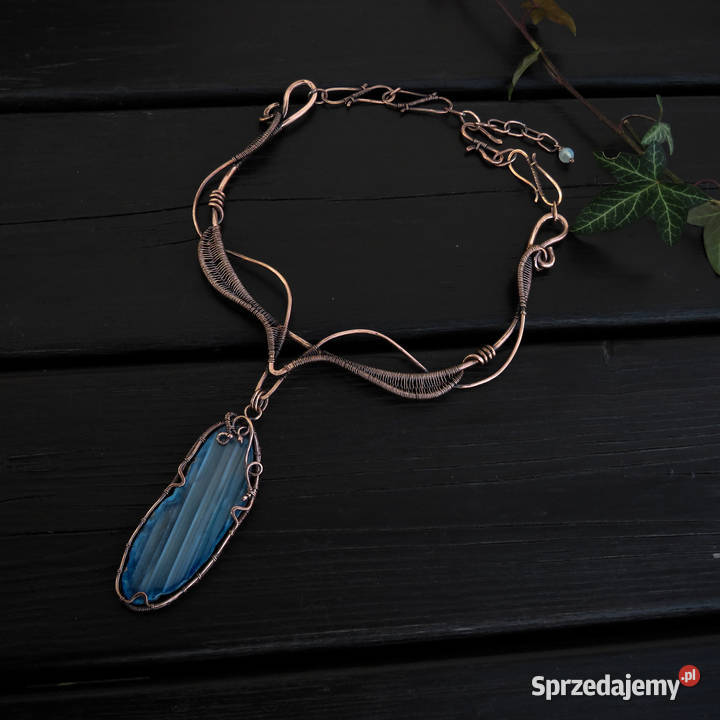 Unikatowa miedziana kolia niebieski agat sprzedam