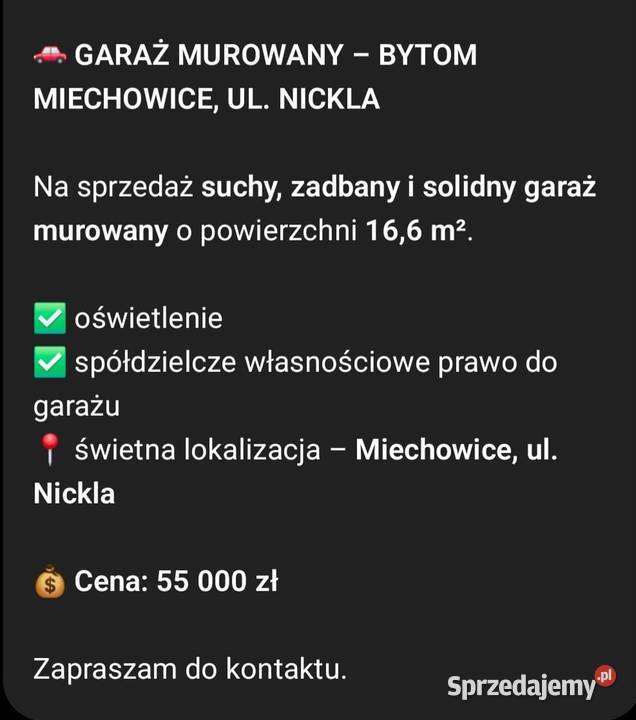 Garaż murowany Bytom Miechowice 3333zł/m2