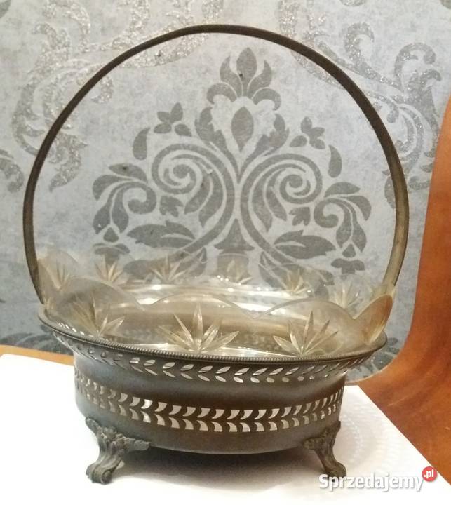 Secesyjna szklana patera w cynowym koszyku Kraków sprzedam