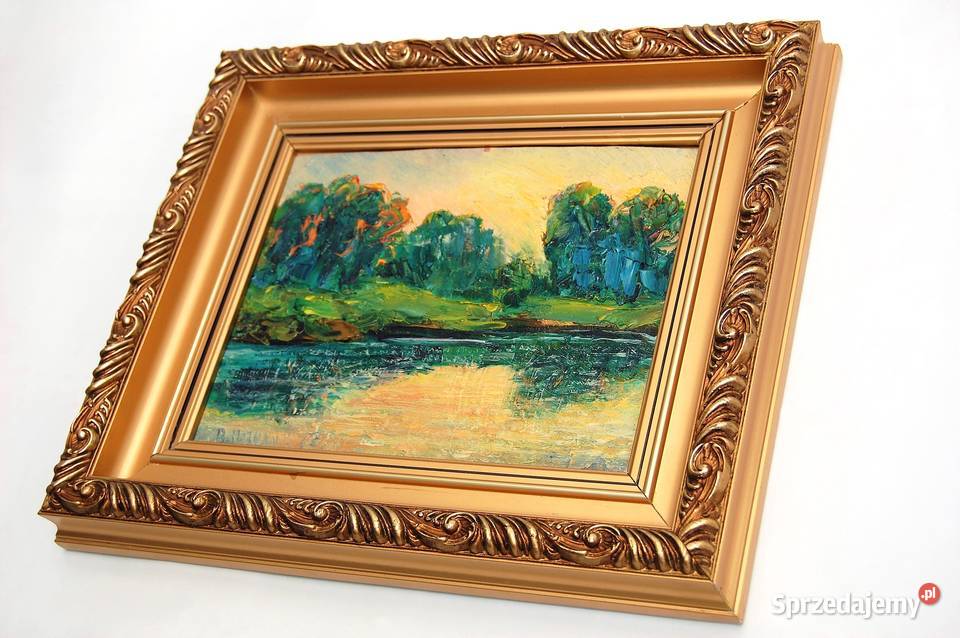 Zachód słońca rzeką las pejzaż obraz olejny wielokolorowy