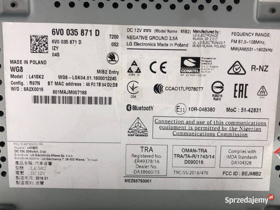 RADIO SKODA FABIA III 6V0035871D ODTWARZACZ osobowe sprzedam