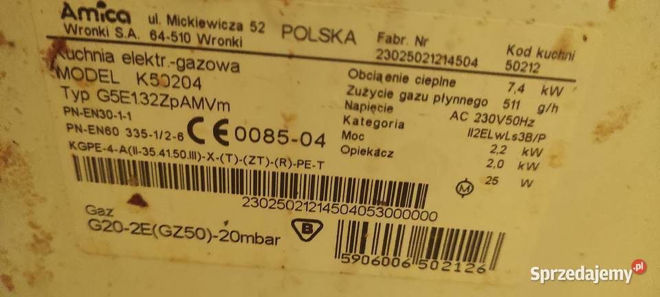 Kuchenka gazowa z piekarnikiem Amica K50204 Sędziszów Małopolski sprzedam