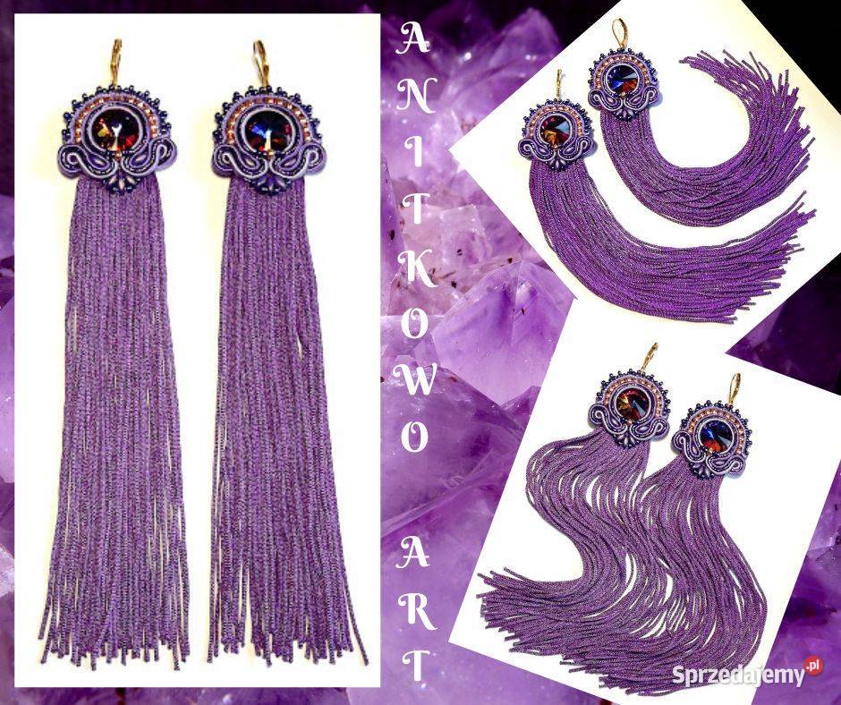 KOLCZYKI FIOLETKI Z FRĘDZLAMI I KRYSZTAŁKIEM Warszawa