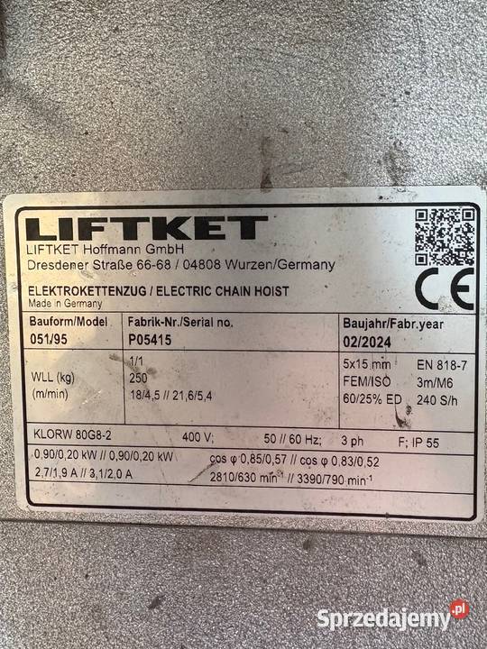 Wciągarka łańcuchowa LIFTKET 250 2024 Pozostałe Złocieniec