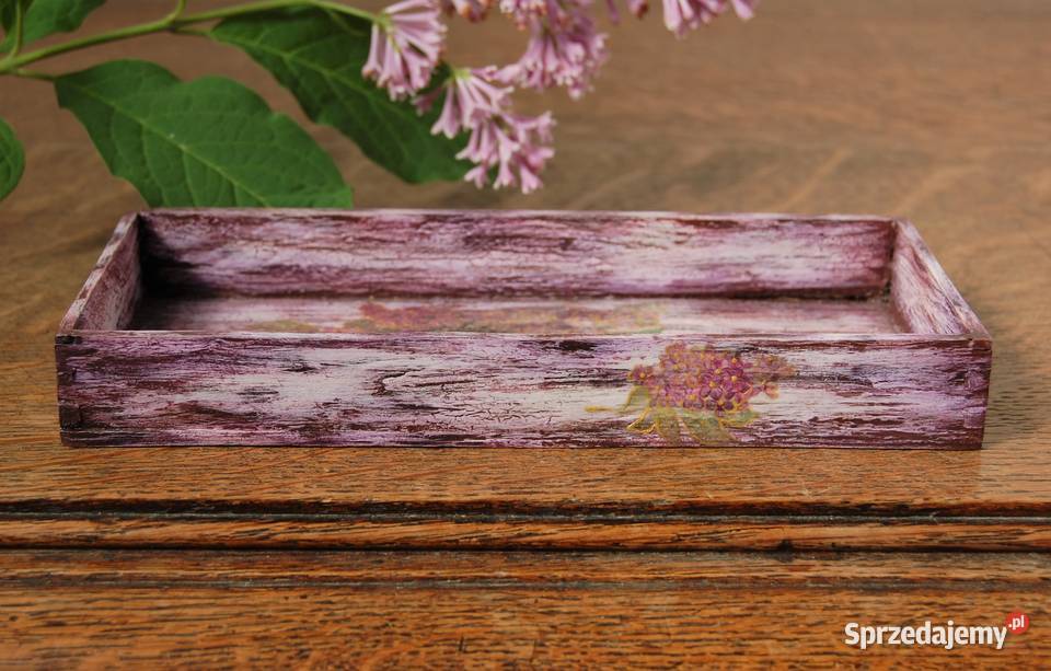 Rustykalna podstawka tacka kwiaty bzy decoupage