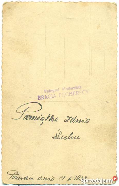 Pamiątka z dnia ślubu Poznań 11X1938r Bracia wielkopolskie Ostrów Wielkopolski sprzedam