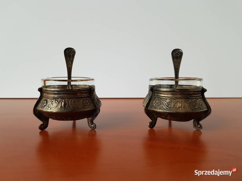 Dwie stare sygnowane solniczki z łyżeczkami, ZSRR
