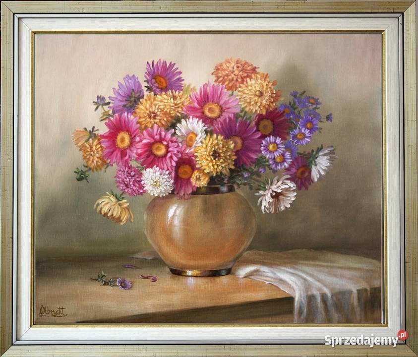 Astry w Wazonie ręcznie malowany olejny L Malarstwo małopolskie Nowy Sącz